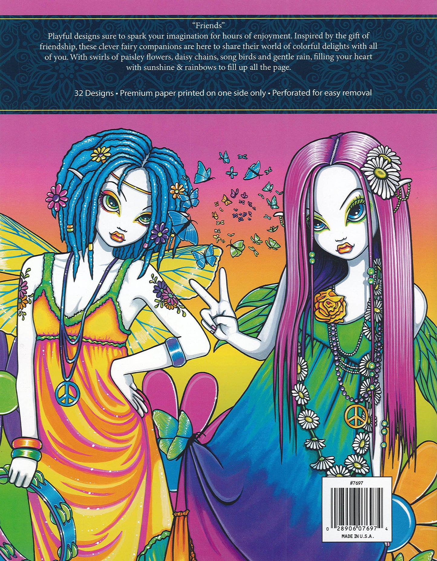 Inspired by Myka Jelina’s art, Friends—24 Designs from the Leisure Arts Myka Jelina Coloring Collection features two vibrant fairies with long hair, peace necklaces, and flowers amid butterflies in a whimsical coloring book style.