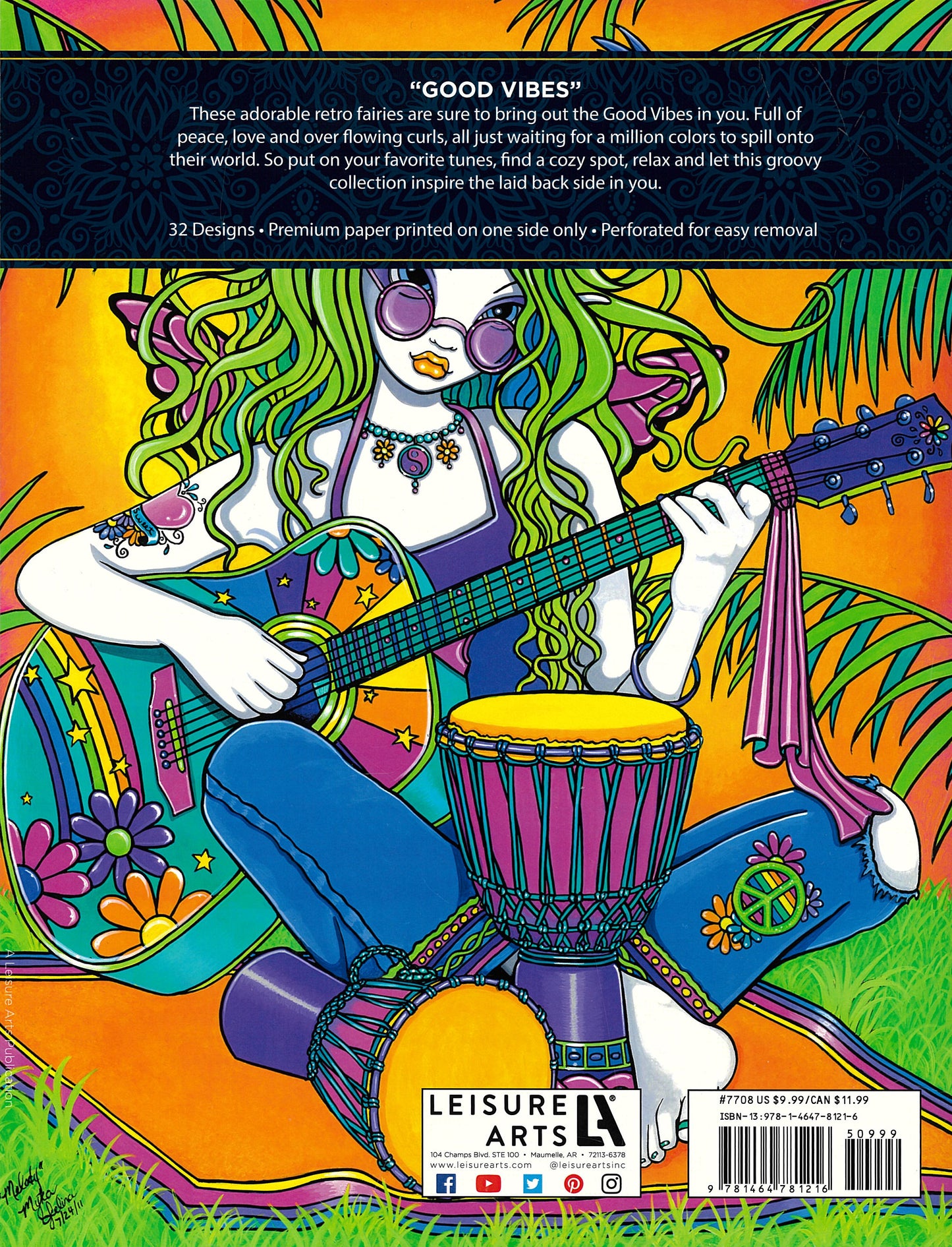A retro fairy with green hair and bright clothes, playing guitar amid florals, sits cross-legged with a drum in Myka Jelina’s bohemian style—one of 32 cheerful designs in "Good Vibes; Myka Jelina Coloring Collection" by Leisure Arts.