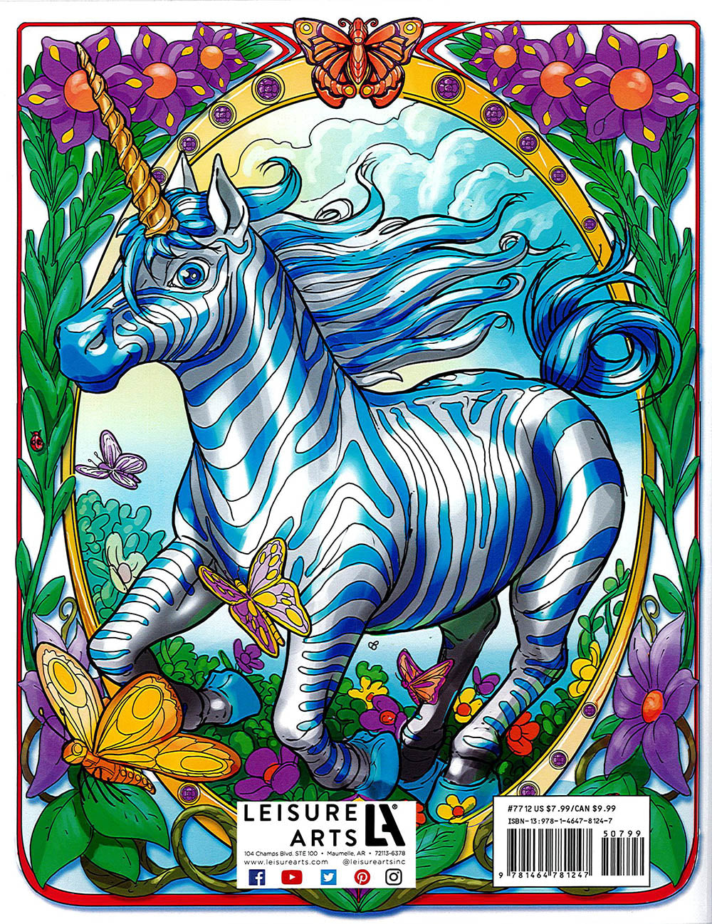 A blue and white striped unicorn with a golden horn stands in a vibrant, colorful garden surrounded by butterflies and flowers, beneath a bright sky—a whimsical scene inspired by "Fantastical Creatures—24 Designs by Matt Larson," from Leisure Arts.