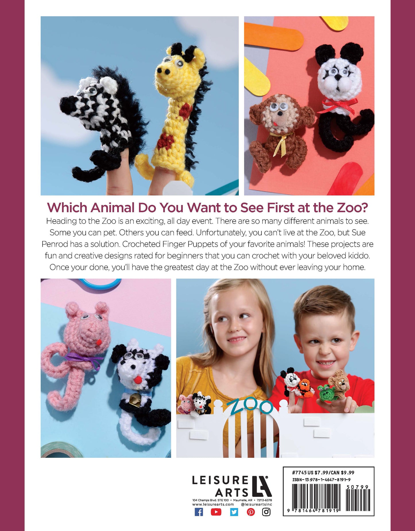 The back cover of Leisure Arts’ "Finger Puppets At The Zoo" displays crocheted zebra, giraffe, panda, cow, and lion finger puppets, with happy children playing—perfect beginner projects for making joyful zoo animal friends.