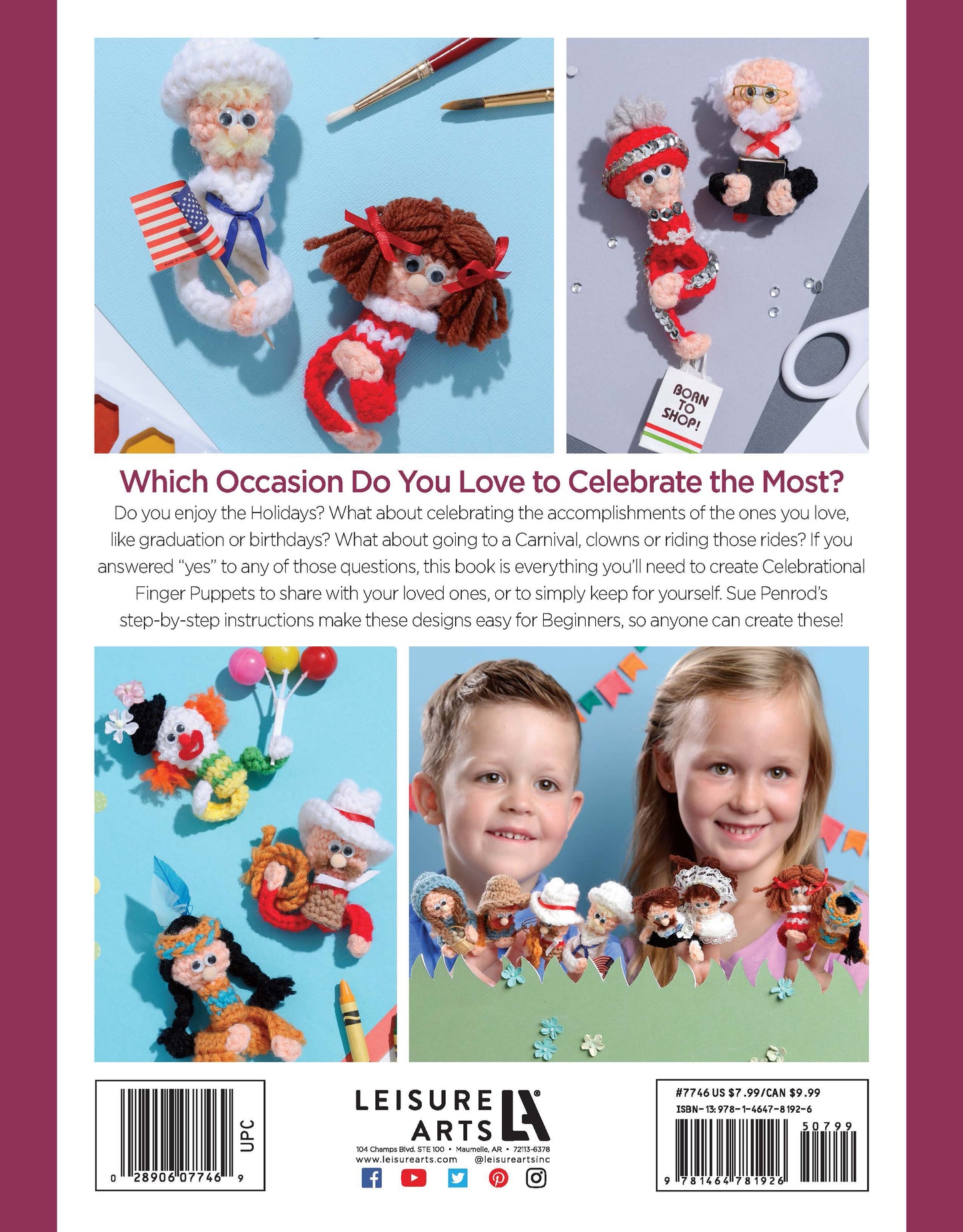 The back cover of "Finger Puppets Celebration" by Leisure Arts displays colorful crochet finger puppets for occasions like graduation, weddings, and holidays, featuring easy patterns and decorative text perfect for beginners.