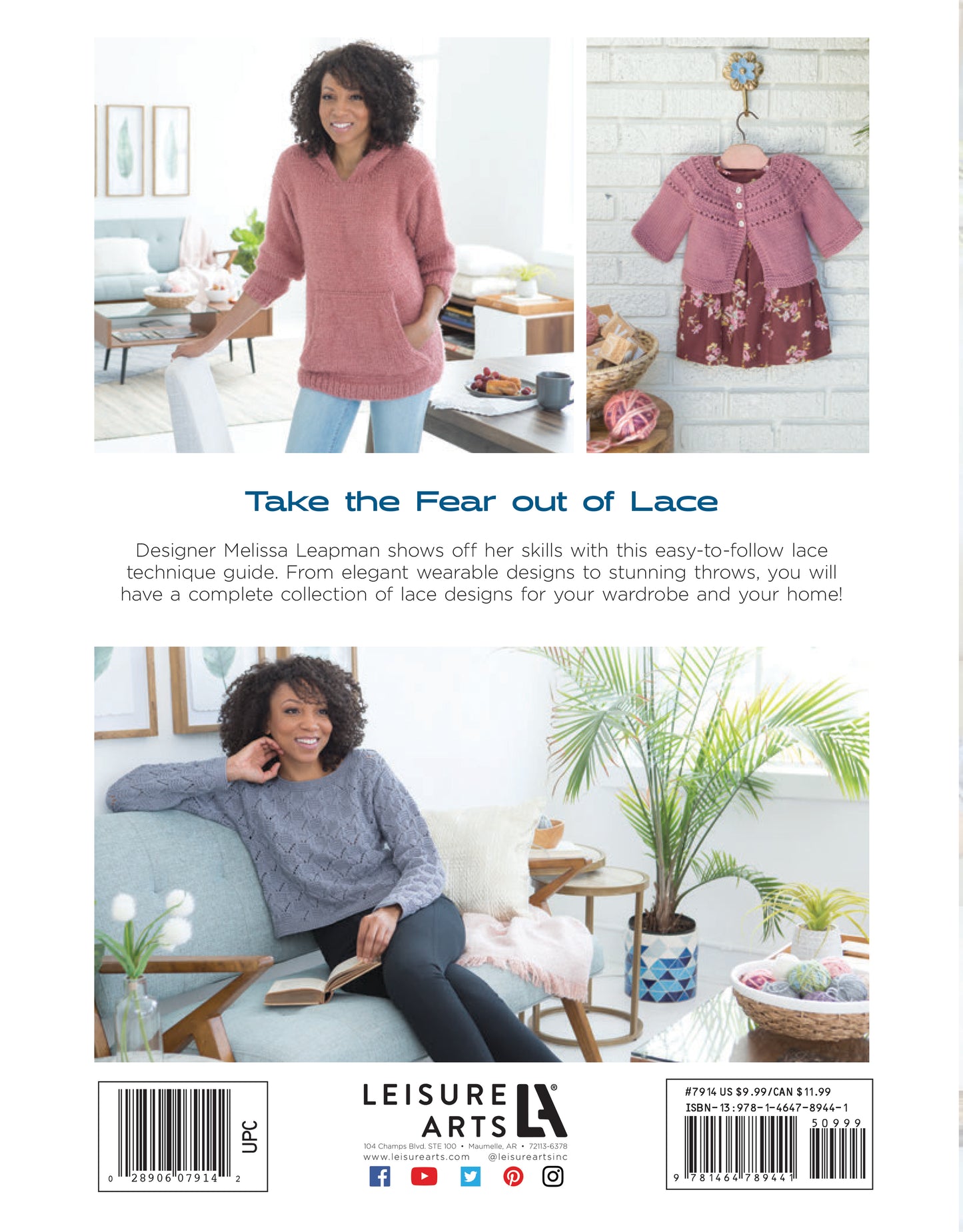 A digital cover shows three women with lace knitwear: a pink sweater, a lavender cardigan on a hanger, and a light blue sweater. Titled “Fashionable Lace Digital Download” by Leisure Arts, it’s a guide to beginner lace knitting patterns.