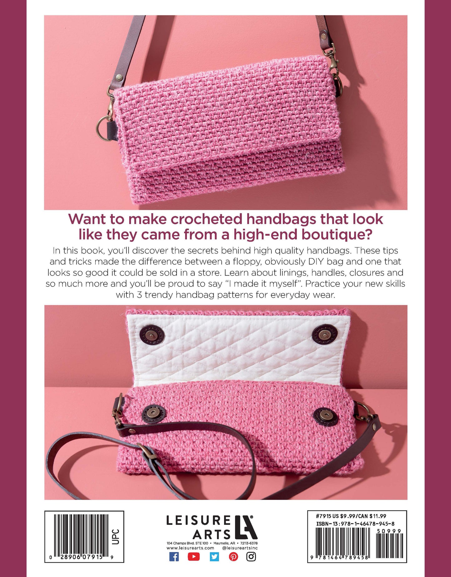 The back cover of Leisure Arts’ “Crochet Handcrafted Handbags Book 1” displays two pink crochet purses—one with a flap, one open to show a quilted white lining and button closures—on a white backdrop, highlighting inspiring purse patterns.