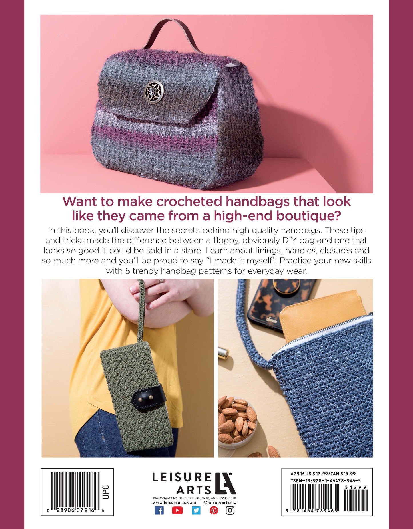 Back cover of Crochet Handcrafted Handbags Book 2 by Leisure Arts displays three colorful crochet handbags and a central text highlighting purse patterns, with barcode, publisher info, and price shown at the bottom.