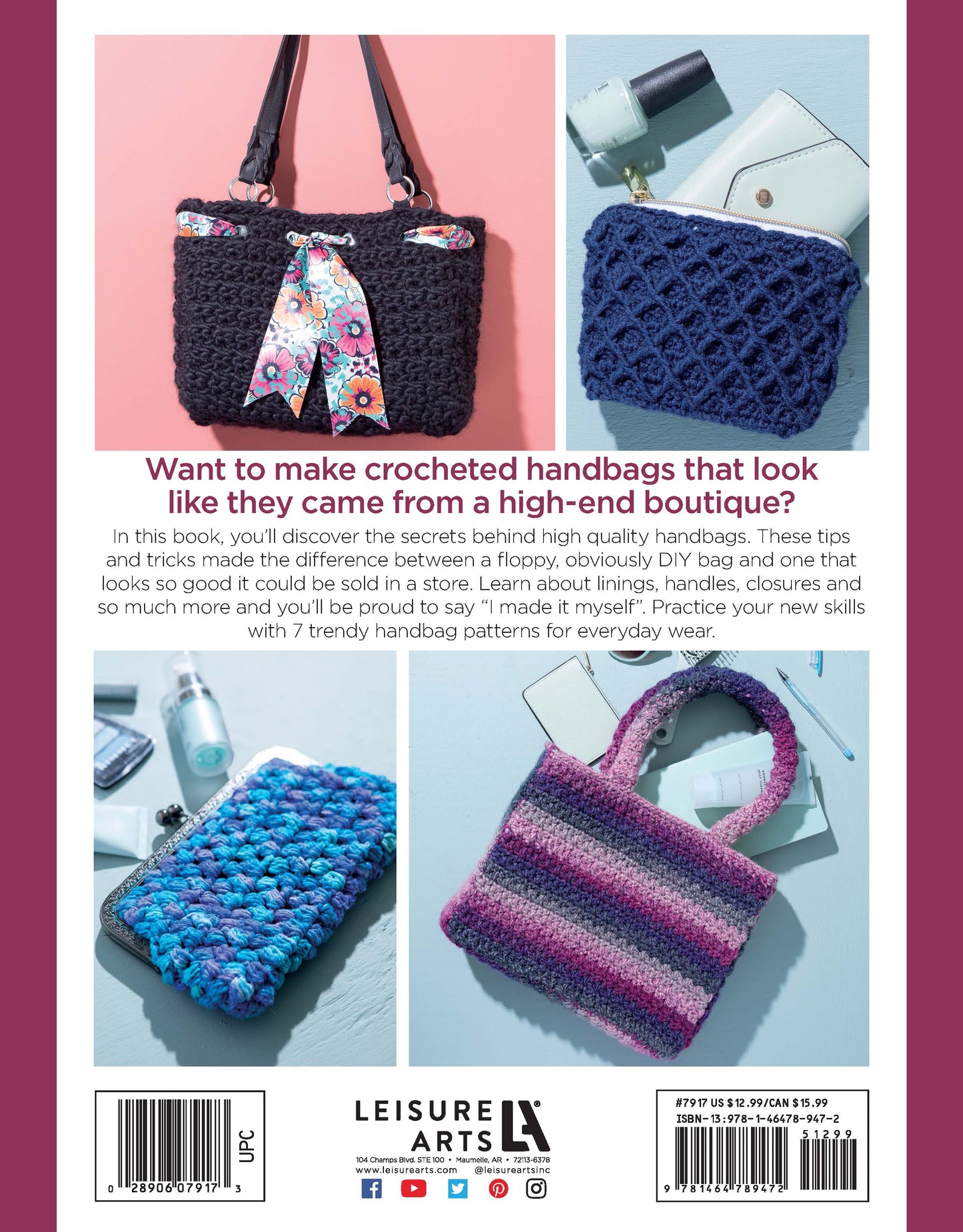Back cover of Crochet Handcrafted Handbags Book 3 Digital Download by Leisure Arts, showing four chic handbags in assorted styles and hues, plus purse pattern guide for everyday boutique accessories. Leisure Arts logo and barcode shown at bottom.