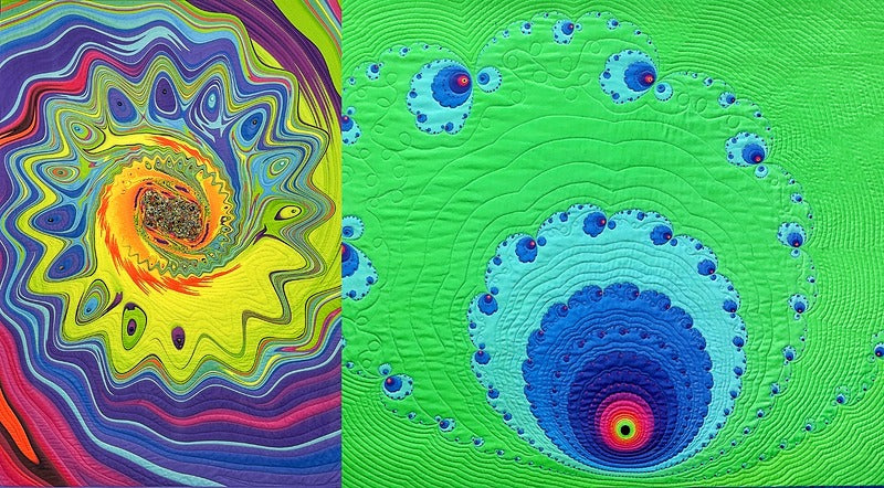 Fractal That! Design: From Pixels to Fabric Prints by Creative Spark showcases vibrant spiral fractals and blue-green concentric circles—an abstract textile art ideal for unique fabric designs, crafted with the Frax App.