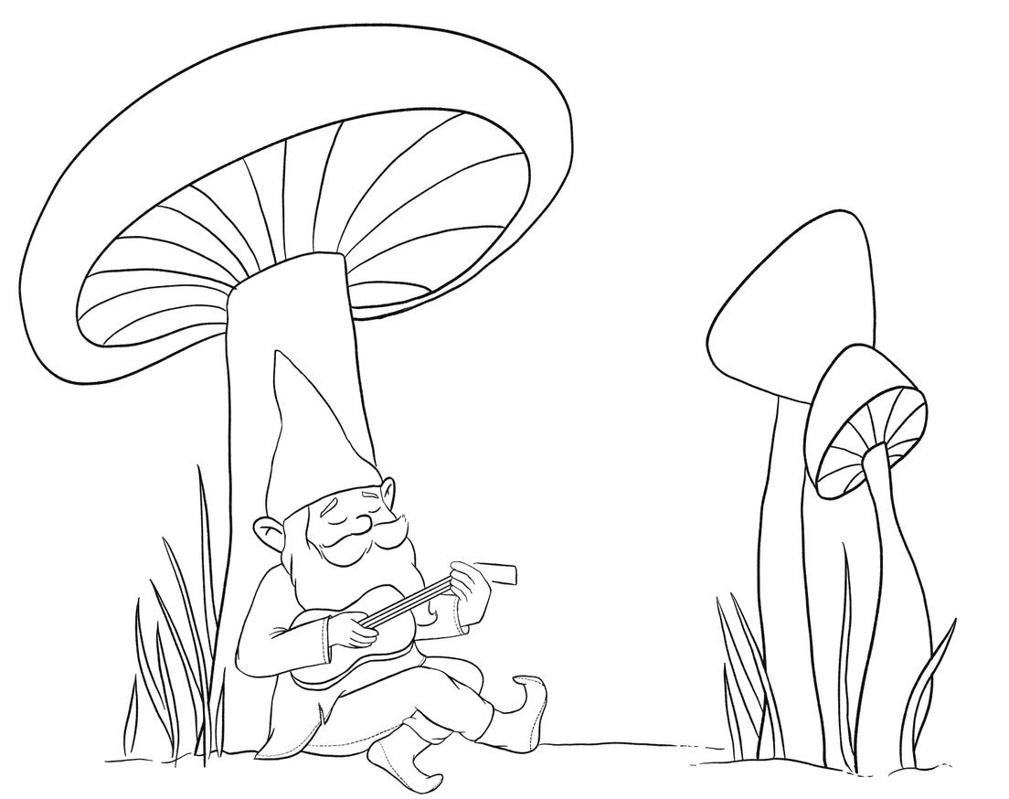 Add a whimsical touch to your crafts with C&T Publishing’s 101+ Delightful Iron-on Quilt Labels, featuring a cheerful gnome playing guitar under a mushroom—perfect for customizable quilt or craft labels.