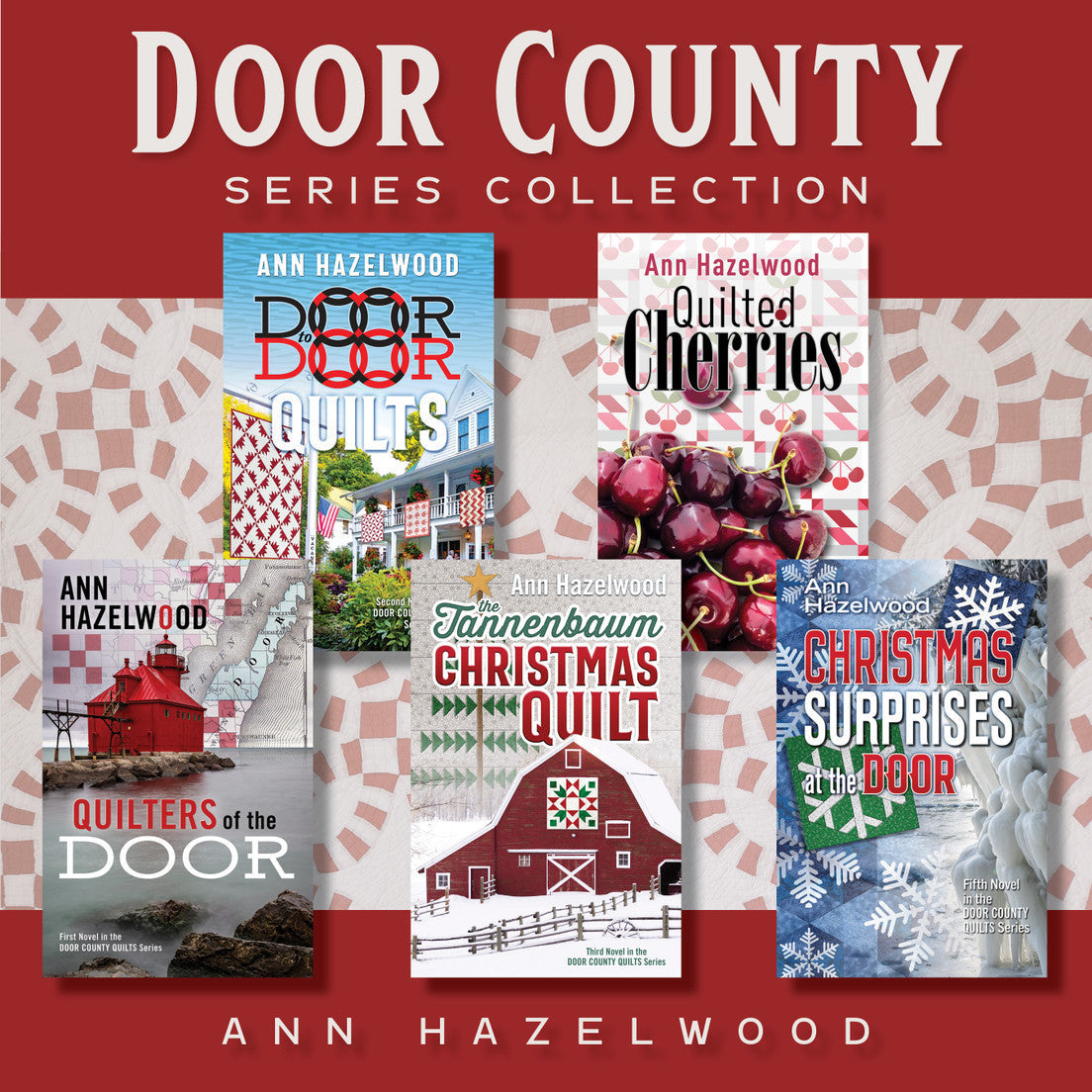 A promotional image for the Door County Quilts Series Collection by C&T Publishing displays five quilt-themed book covers on a red and white patterned background, with the series name at the top and bottom.