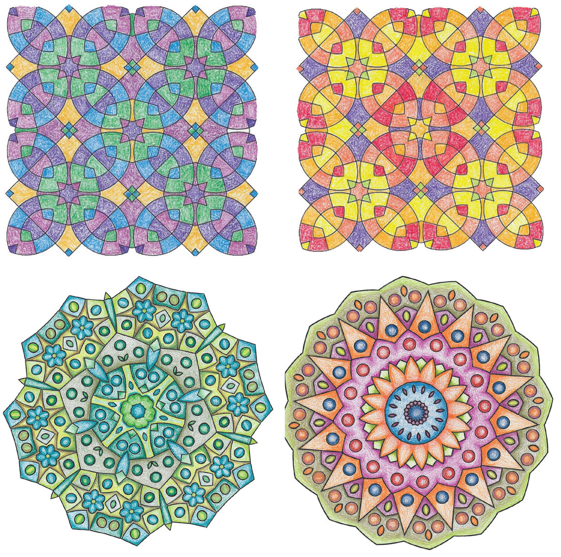 Four intricate geometric patterns from the Foolproof Color Workbook by C&T Publishing show color relationships: two square mosaics (pastel blues/purples, warm reds/yellows) above, and two detailed mandala circles with floral and star motifs below.