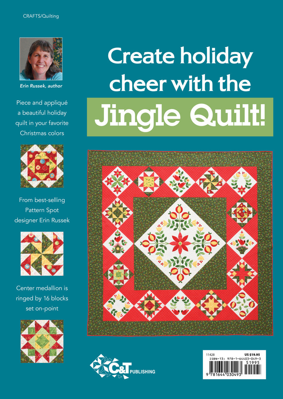 The Jingle Quilt book cover from C&T Publishing features Erin Russek's festive Christmas quilt design in red, green, and cream with a floral medallion—perfect inspiration for your next holiday quilt project.