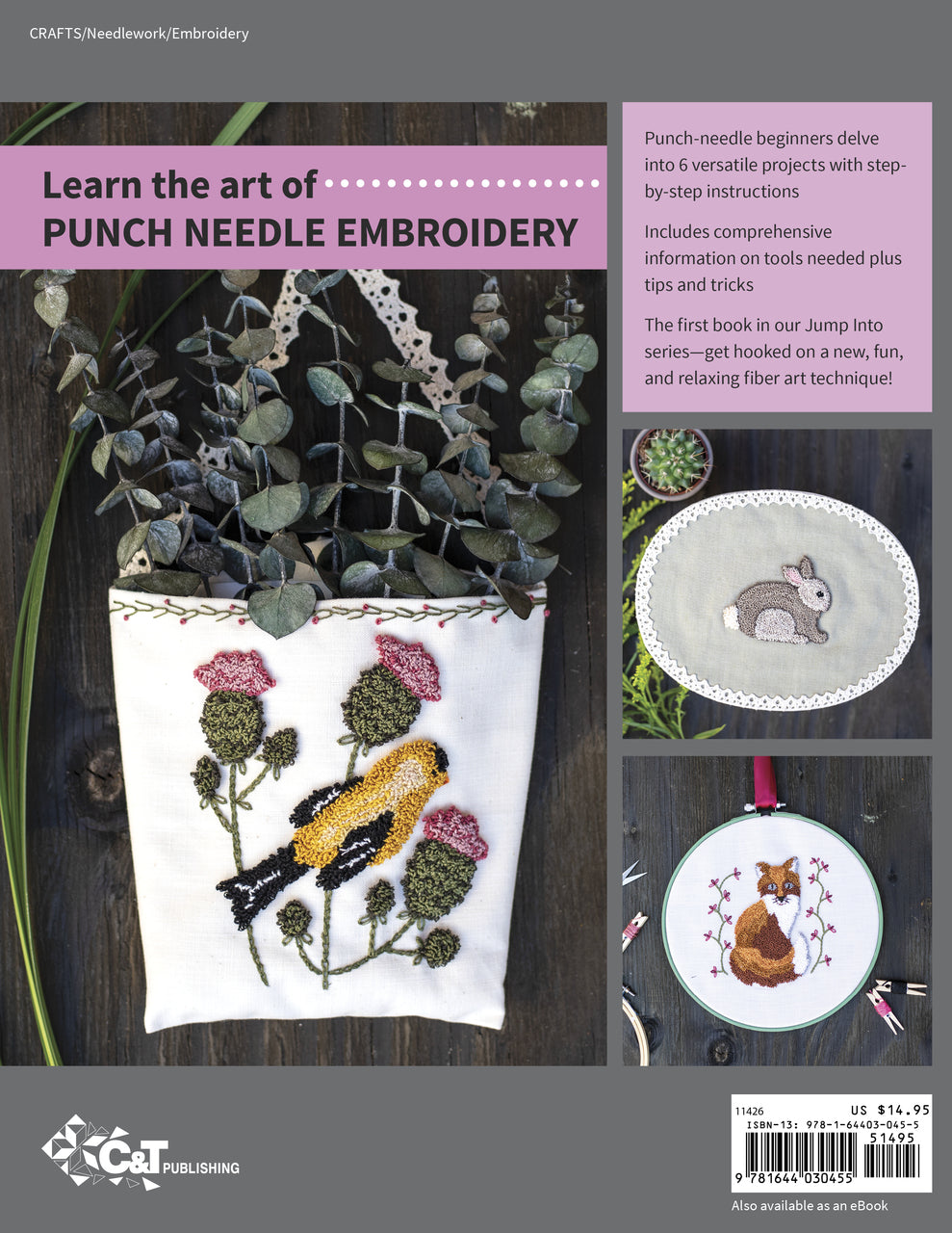 The cover of Jump Into Punch Needle by C&T Publishing displays punch needle projects: a bird on a floral pouch, an oval rabbit embroidery, and a circular woodland scene with mushrooms and a fox.