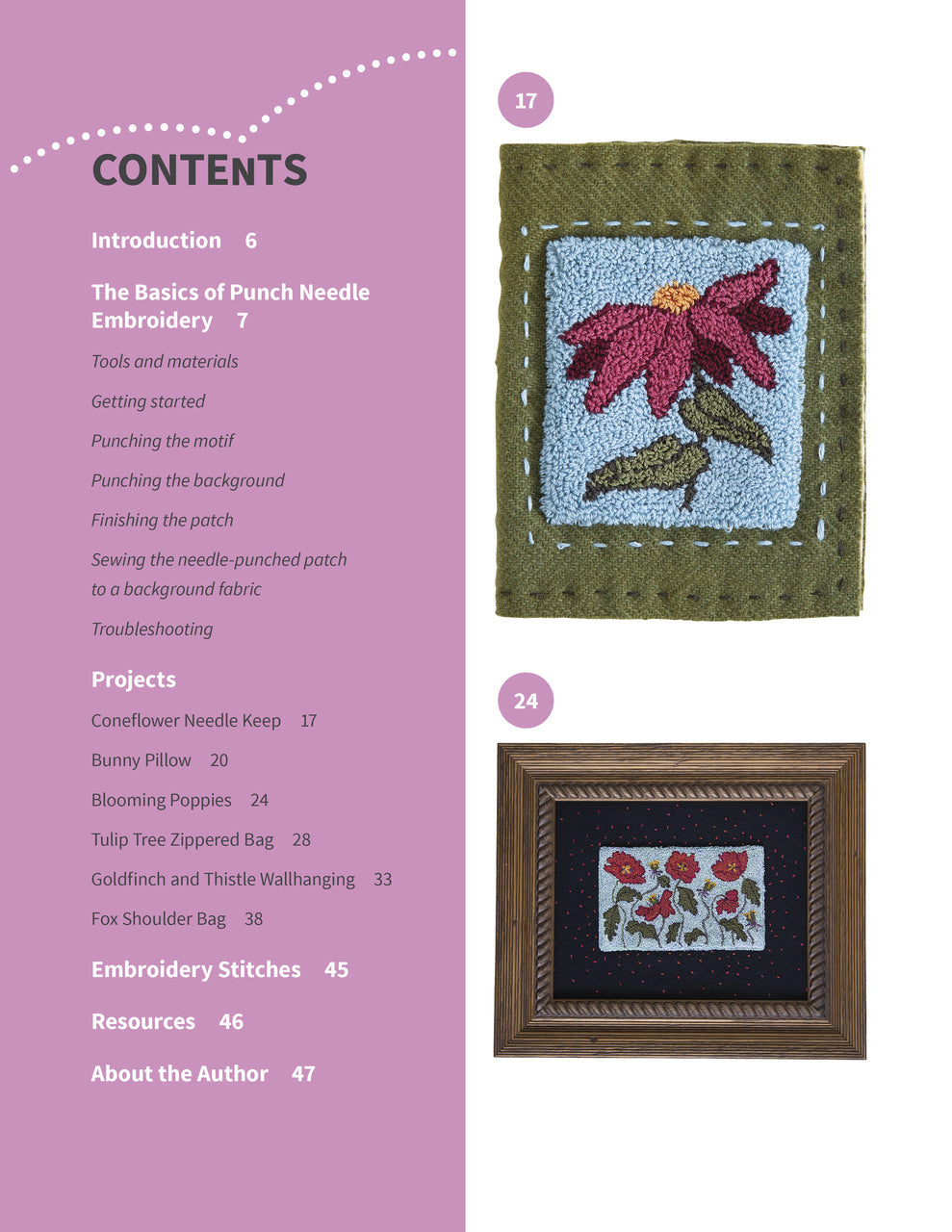 The table of contents for "Jump Into Punch Needle" by C&T Publishing lists sections and pages, featuring framed fiber art: a pink flower and small red flowers—ideal for beginners in punch needle embroidery.