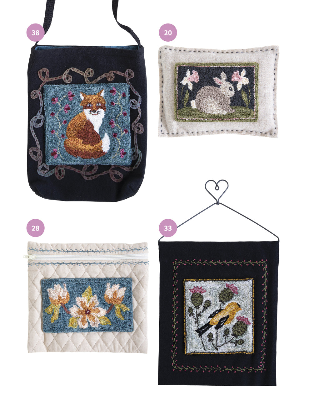 Jump Into Punch Needle by C&T Publishing features four charming embroidered fiber art projects with animals and floral backgrounds, including a black bag with a cat (38) and a small pillow with a white rabbit (20). Perfect for beginners.