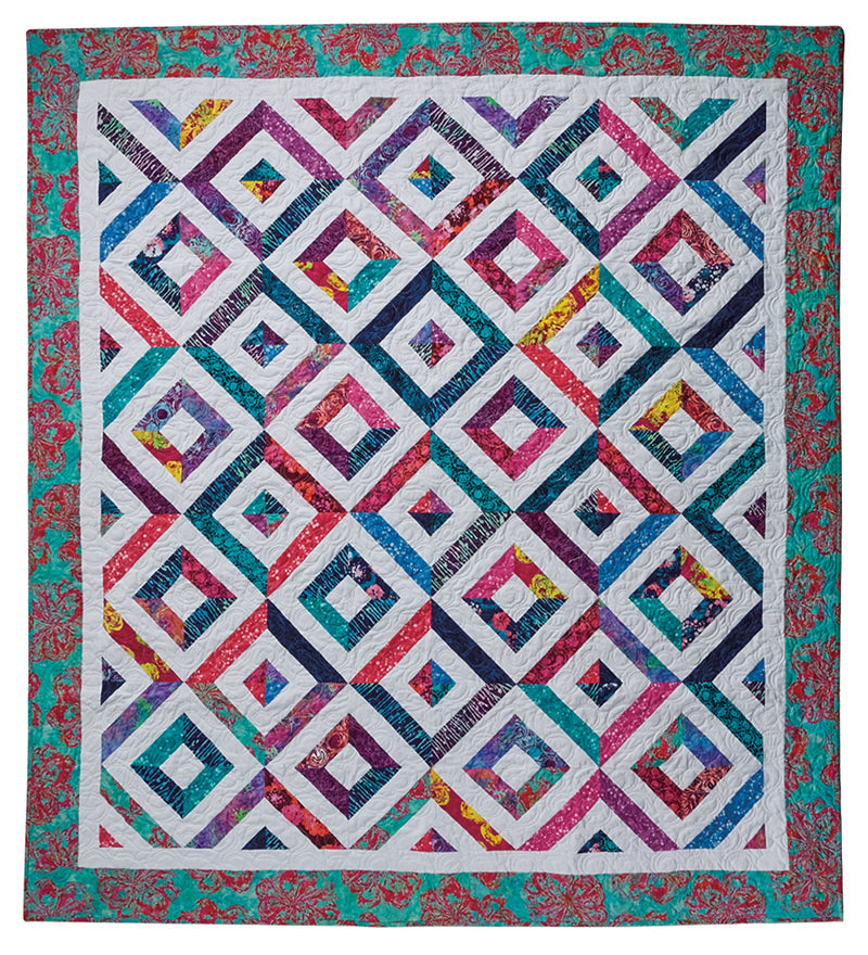 The Quilter's 2-1/2" Strip Precut Companion by C&T Publishing features vibrant geometric diamonds with rows of bright squares, bordered in turquoise and red floral prints—ideal for beginners using precut blocks.