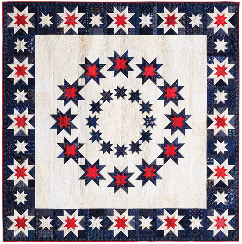 The Red, White & Blue Star Quilts from C&T Publishing features a symmetrical pattern of red, white, and blue stars in rings and a border on a cream background—perfect for patriotic decor.