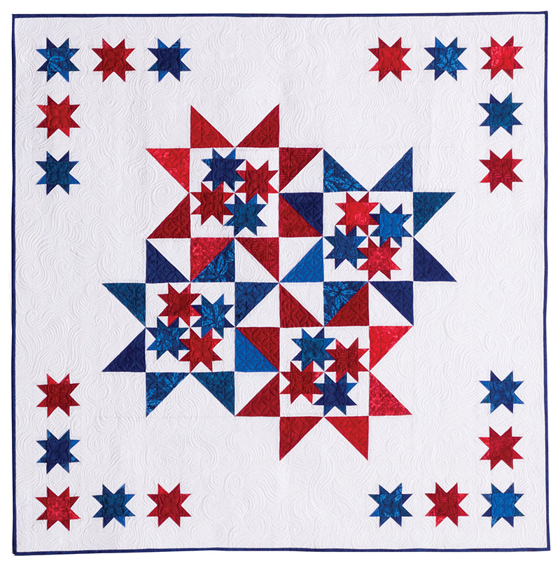 Red, White & Blue Star Quilts by C&T Publishing features a white background with red, blue, and dark blue star patterns in a symmetrical geometric design and smaller stars along the border—ideal for fans of patriotic quilts.