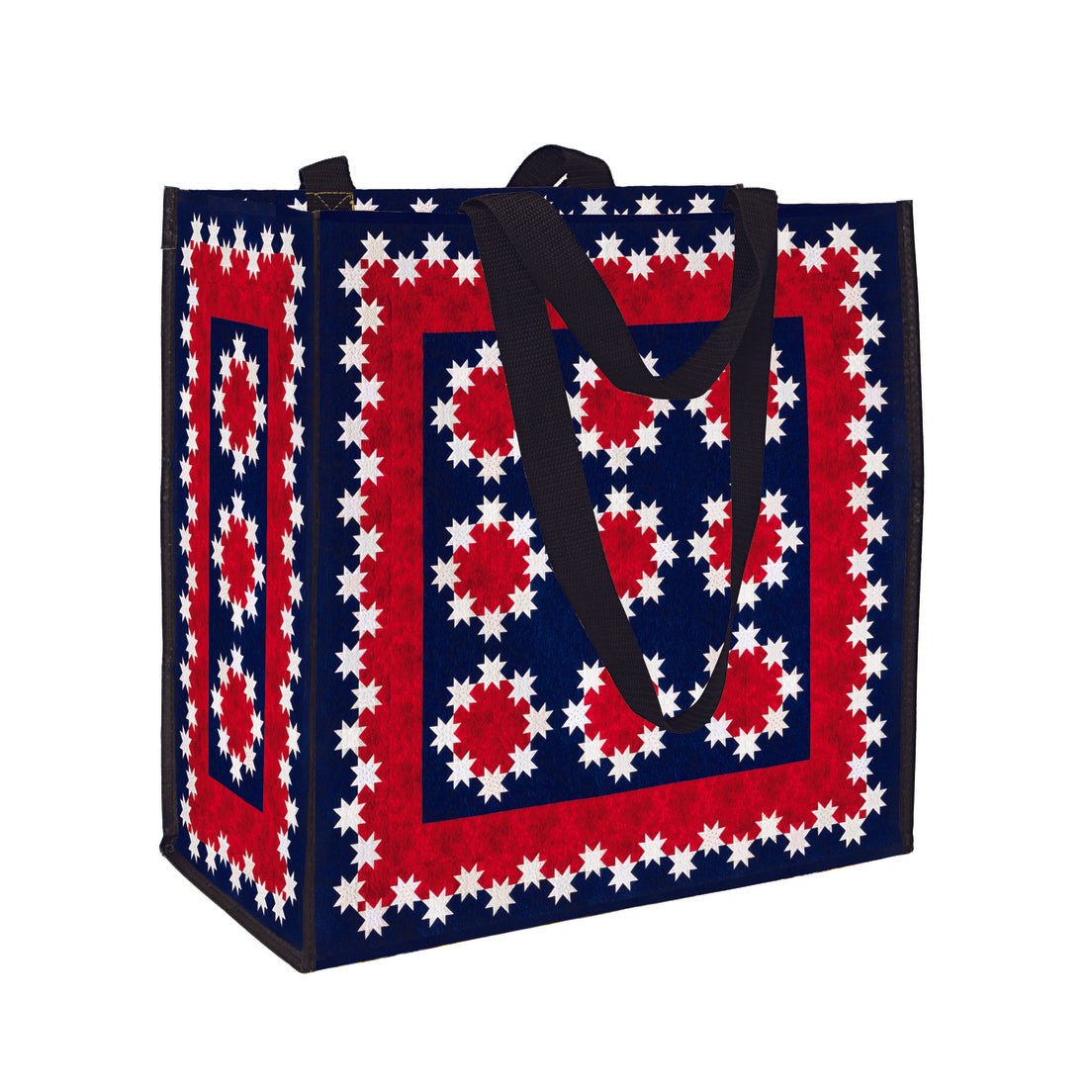 C&T Publishing’s Stars Over the States Eco Tote features black handles, a navy blue background, and a geometric pattern of red and white stars arranged in squares and rectangles.