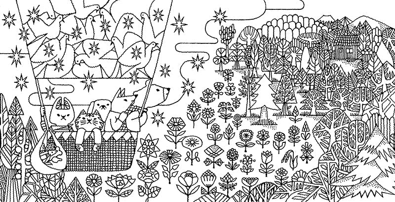 The Woodland Kingdom Coloring Book by C&T Publishing features a black-and-white illustration of animals in a hot air balloon above flowers, trees, birds, and a house, all rendered in Toshiyuki Fukuda’s detailed geometric style.