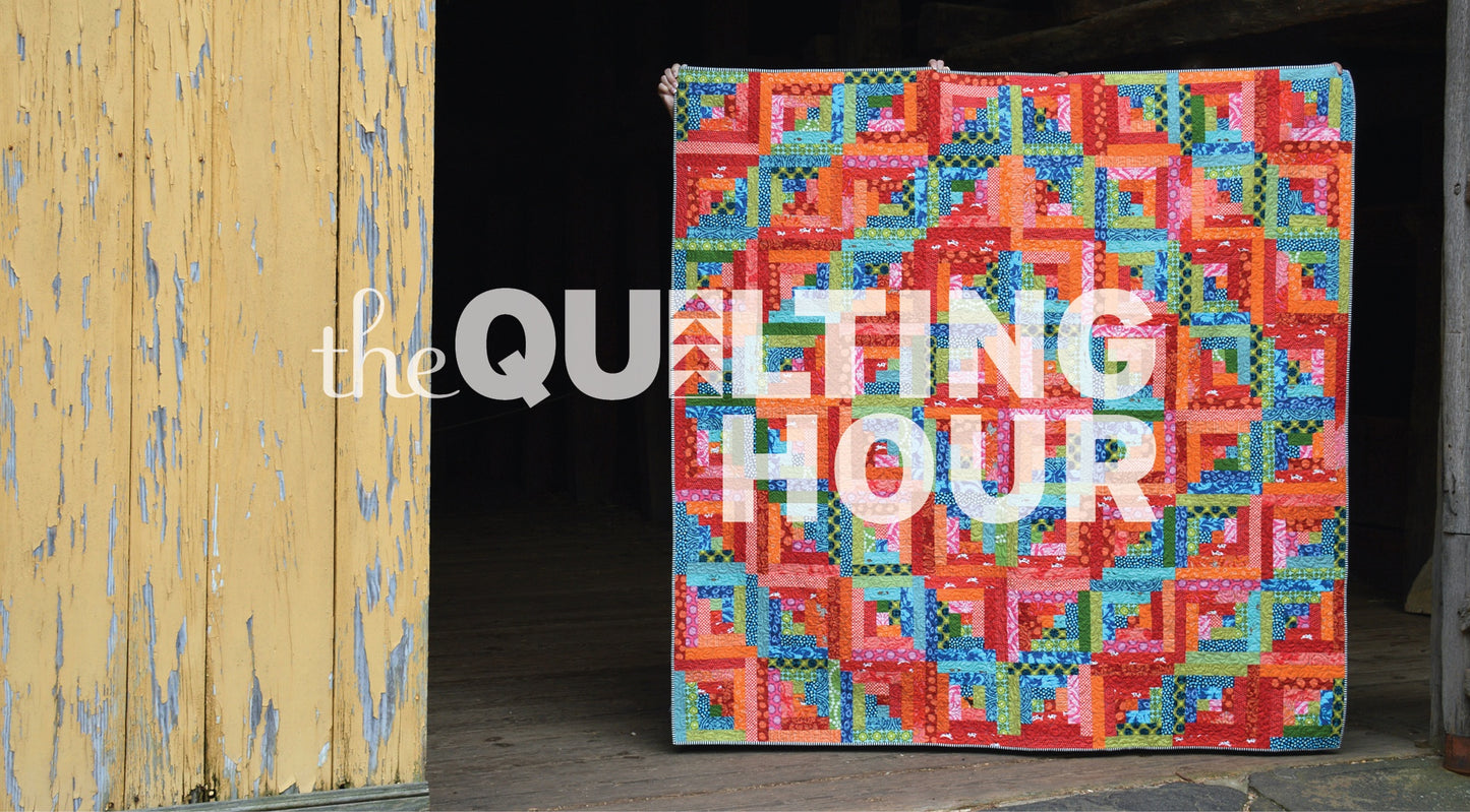 A vibrant geometric quilt hangs on a rustic yellow wooden wall. Bold text reads “the QUILTING HOUR.” Product: The Quilting Hour Season 3: Capture This: Photographing Your Quilts Special BookPromo by Thinkific.
