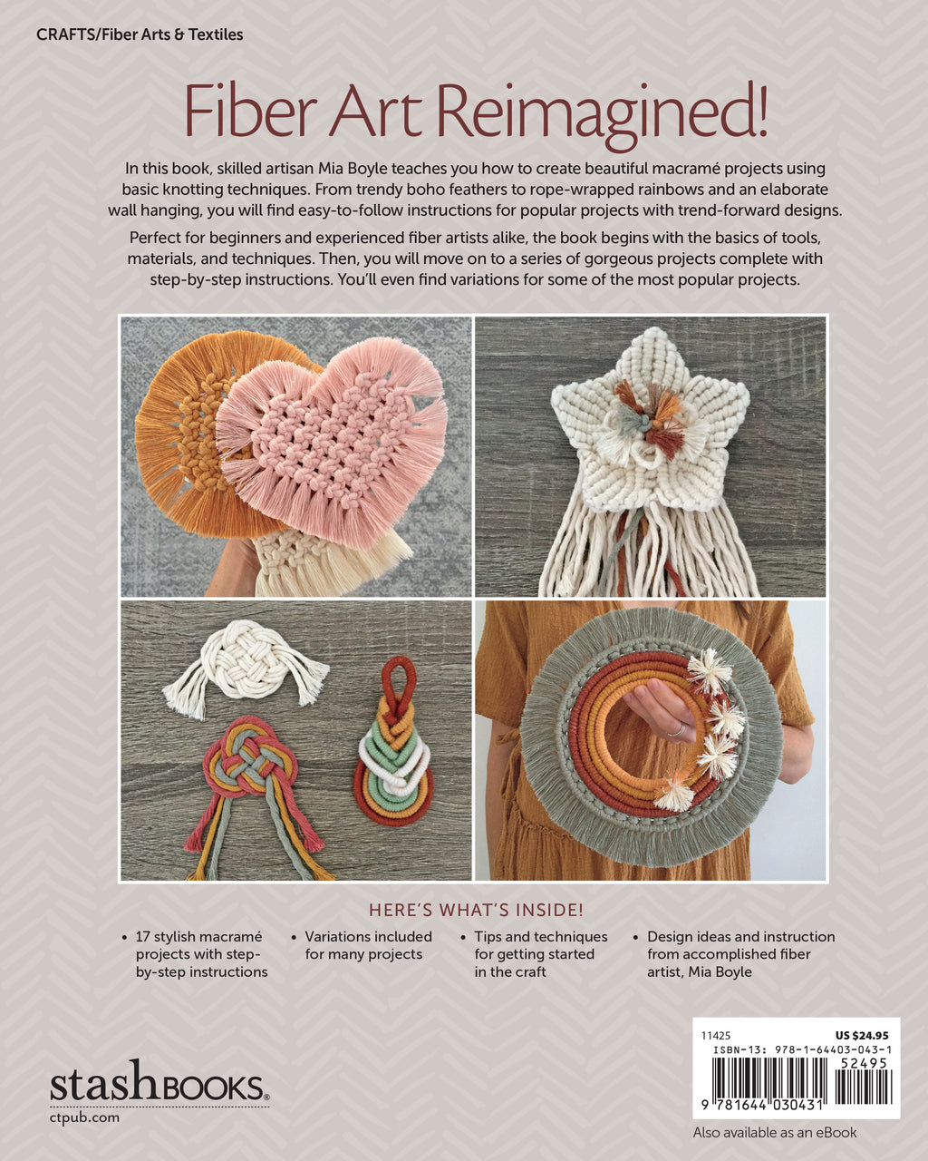 The back cover of Make it Modern Macramé by Stash Books features three contemporary macramé projects in pink, cream, and rust, with book details, a description, and a bulleted list of beginner-friendly fiber art designs.