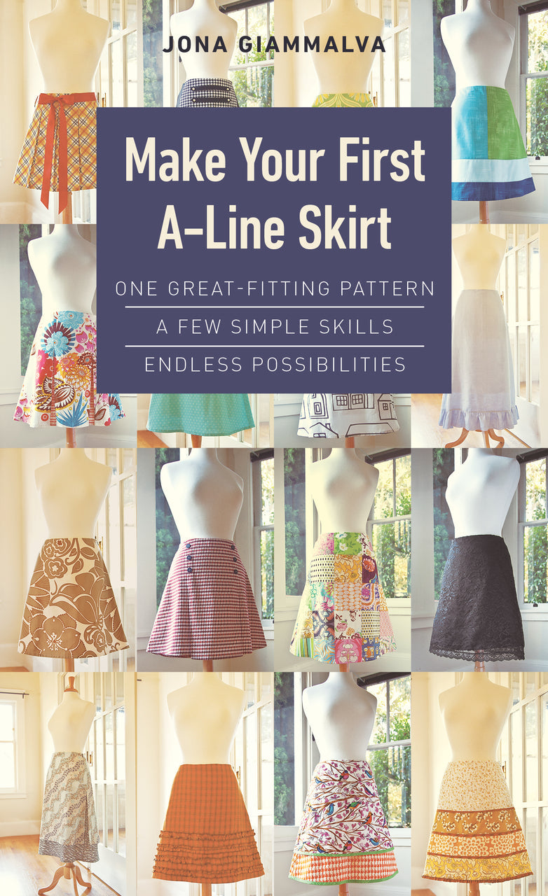 A book cover for Make Your First A-Line Skirt by Stash Books displays colorful skirts on mannequins in a grid, ideal for beginners looking for easy sewing projects and a flattering fit.