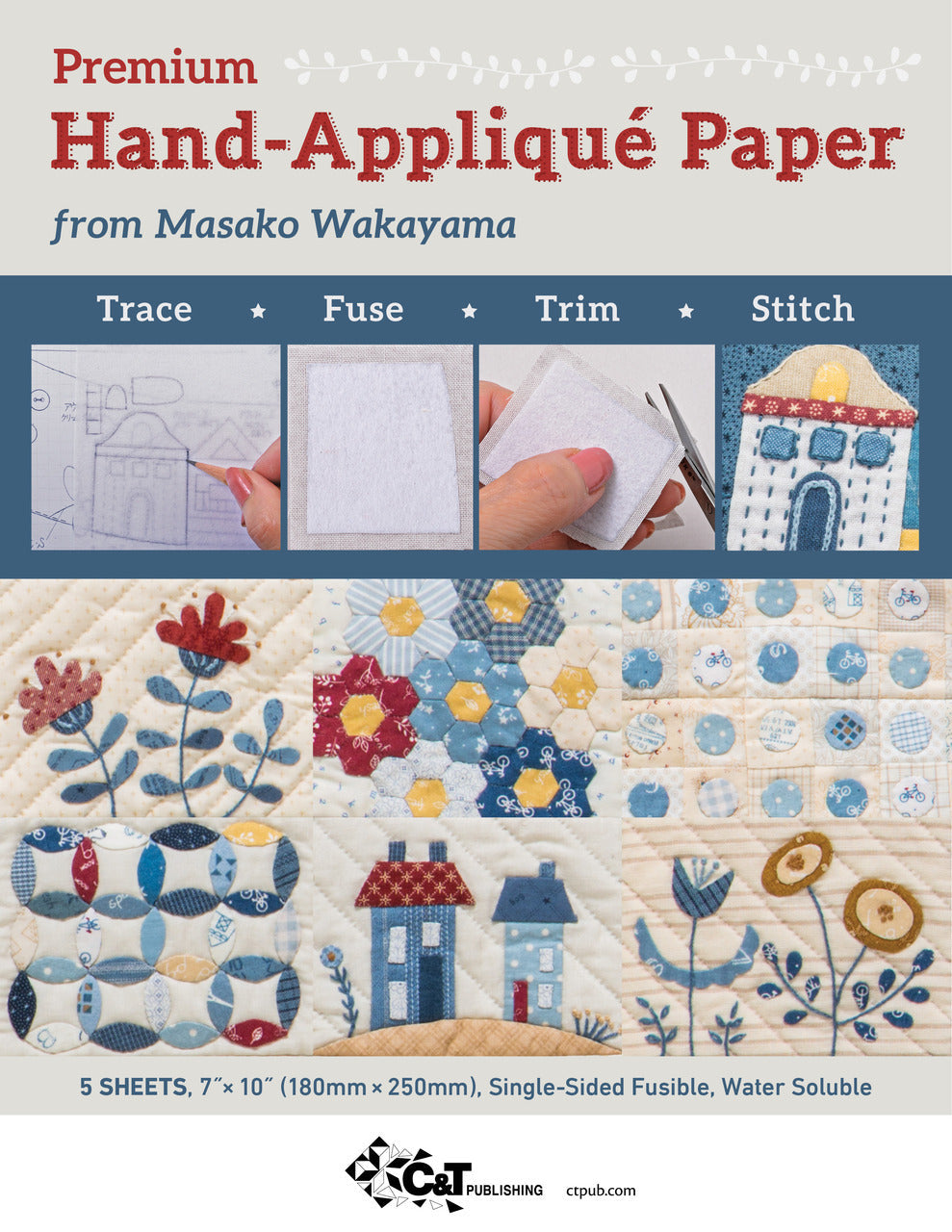 Create stunning heirloom appliqué in blue, red, and yellow with Stash Books’ Premium Hand-Appliqué Paper from Masako Wakayama—just trace your design, fuse with included sheets, trim, and stitch to finish beautiful projects.