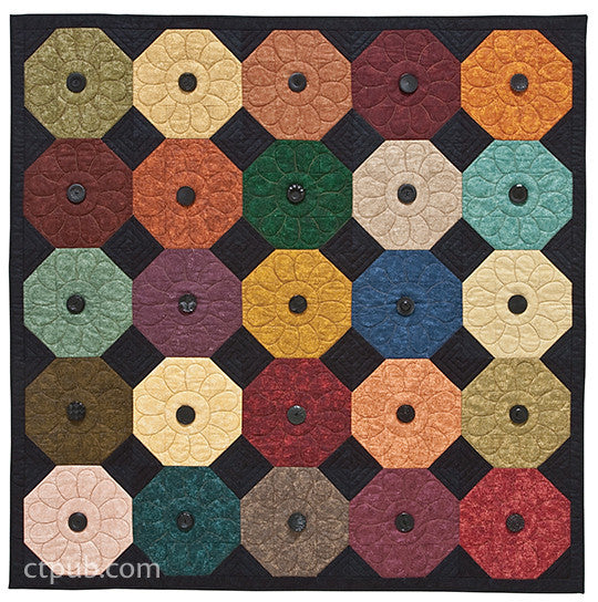 The Quilts from Textured Solids Digital Download by C&T Publishing features modern quilt patterns with colorful octagonal patches, circular centers, and flower-like stitching on a black background—ideal for creative quilting projects.