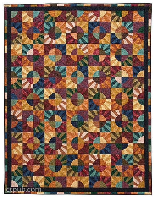 The Quilts from Textured Solids Digital Download by C&T Publishing features bold, earthy-hued sunburst patterns framed in dark borders, creating a vibrant mosaic effect ideal for modern quilt projects.