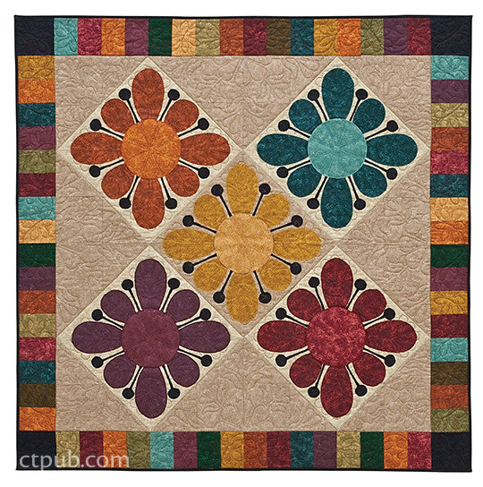 The “Quilts from Textured Solids Digital Download” by C&T Publishing features five bold, colorful flower motifs on beige, bordered by multicolored squares—perfect for modern designs. Each flower showcases textured solid fabrics in vibrant hues.