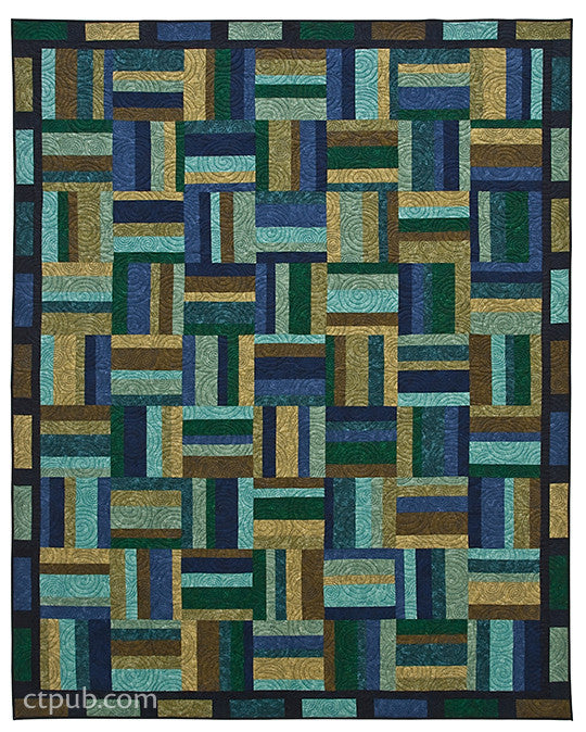 The "Quilts from Textured Solids Digital Download" by C&T Publishing features a striking geometric quilt design with blue, green, gold, and brown textured solids—perfect inspiration for modern quilting projects.