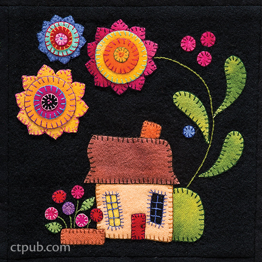 The Summertime Sampler Print-on-Demand Edition by C&T Publishing features a cheerful felt appliqué design depicting a small house with a brown roof, surrounded by vibrant flowers and green leaves on a black background. Detailed stitching outlines each shape, resulting in a charming wool appliqué summer sampler ideal as an inspiration for your next quilt pattern.