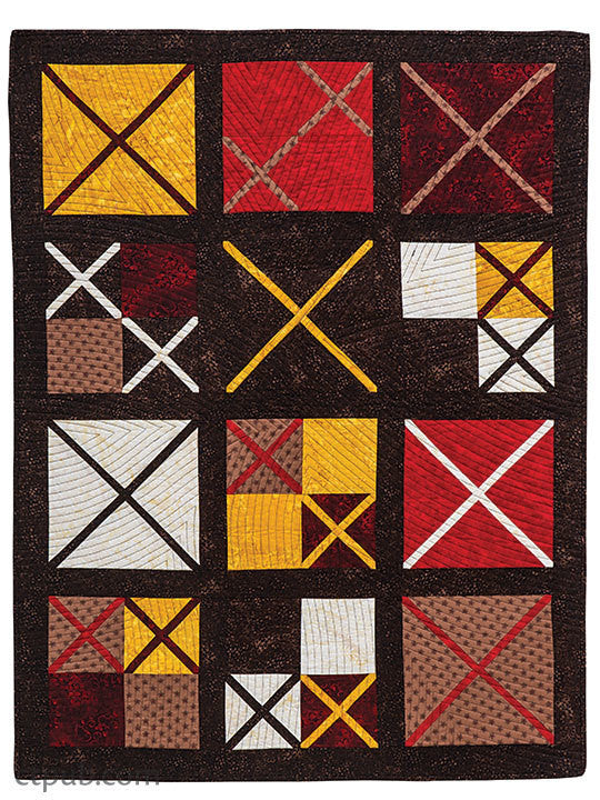 The Magic Add-a-Strip Quilts Digital Download by C&T Publishing features a quilt with colorful red, yellow, brown, and white squares displaying simple blocks and bold geometric patterns on a dark background.
