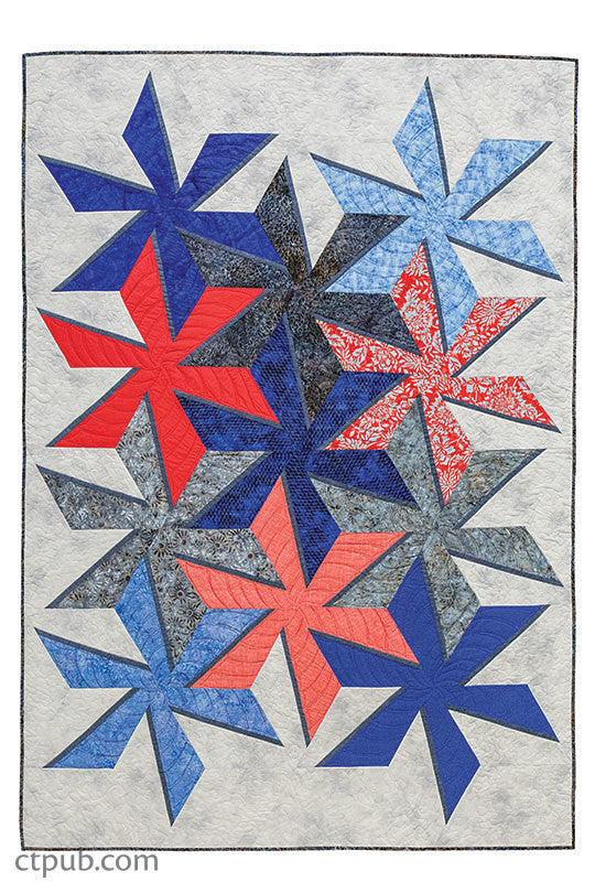 The Magic Add-a-Strip Quilts Digital Download by C&T Publishing showcases large, overlapping star shapes in red, blue, and gray on a light background with a dynamic, slightly tilted layout inspired by classic geometric quilting patterns.