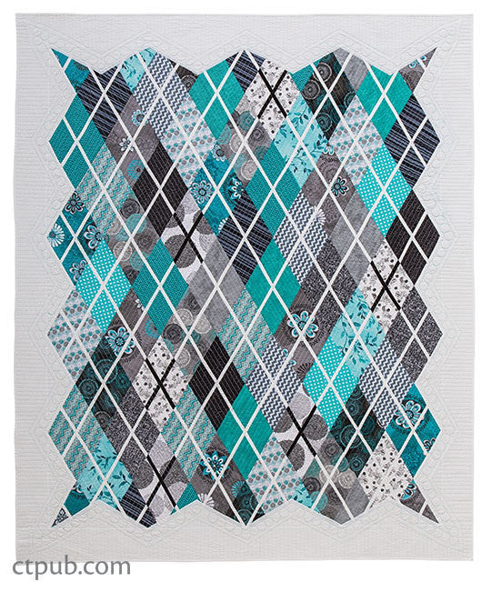 The Magic Add-a-Strip Quilts Digital Download by C&T Publishing features diamond quilt blocks in teal, gray, black, and white prints on a light background with a subtle geometric border.