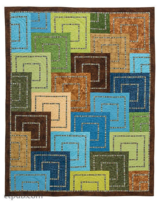 The Magic Add-a-Strip Quilts Digital Download from C&T Publishing features colorful geometric patterns with overlapping squares in blue, green, brown, and tan—ideal for fans of unique quilting designs and geometric quilts.