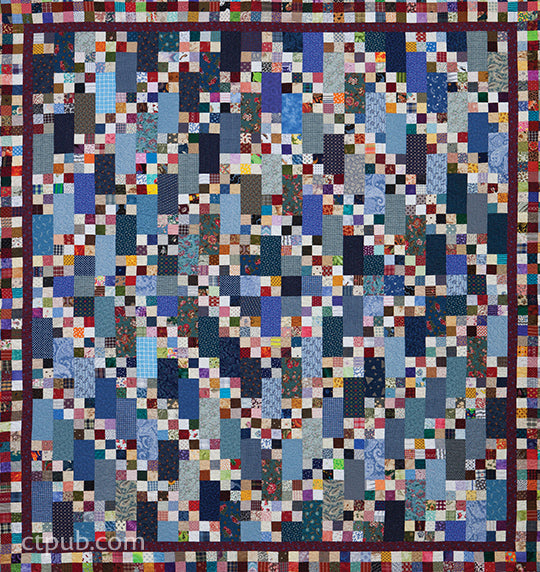 The "More Adventures with Leaders and Enders" digital download by Kansas City Star Quilts features a diamond-patterned patchwork quilt of blue, white, and multicolored squares with a checkered border, inspired by classic handmade scrap quilts.