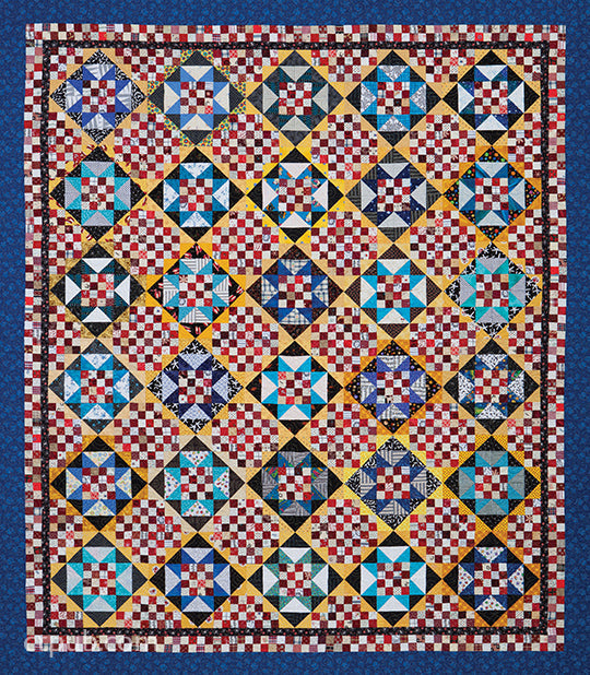 Inspired by Bonnie K. Hunter, Kansas City Star Quilts' "More Adventures with Leaders and Enders" digital download features a vibrant quilt with red and white checkerboards, star motifs in blue, yellow, black, and a blue/red decorative border.