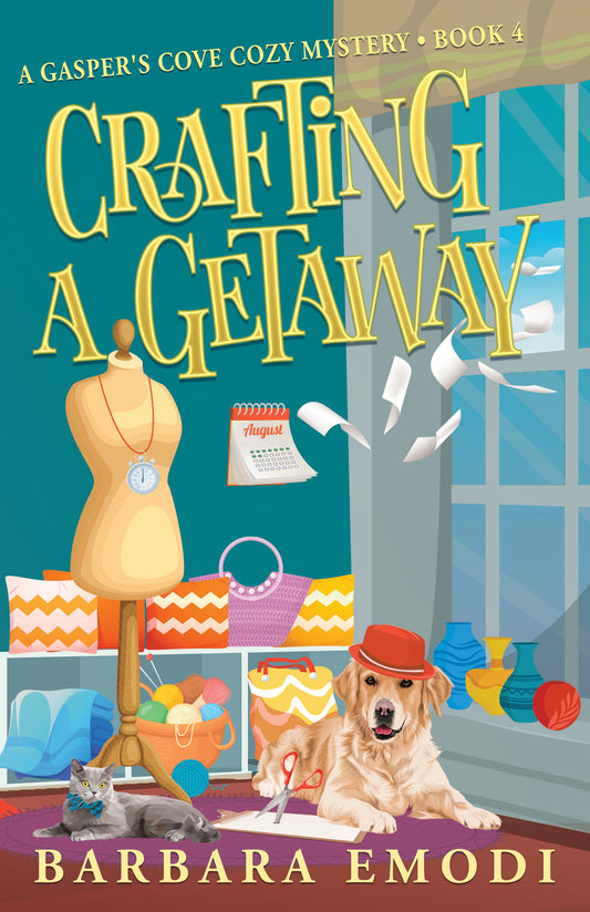 Book cover illustration for "Crafting a Getaway" by C&T Publishing features a vibrant sewing room with colorful fabric, dress form, calendar, a dog in a red hat, gray cat, and flying papers—capturing this cozy mystery’s charm.