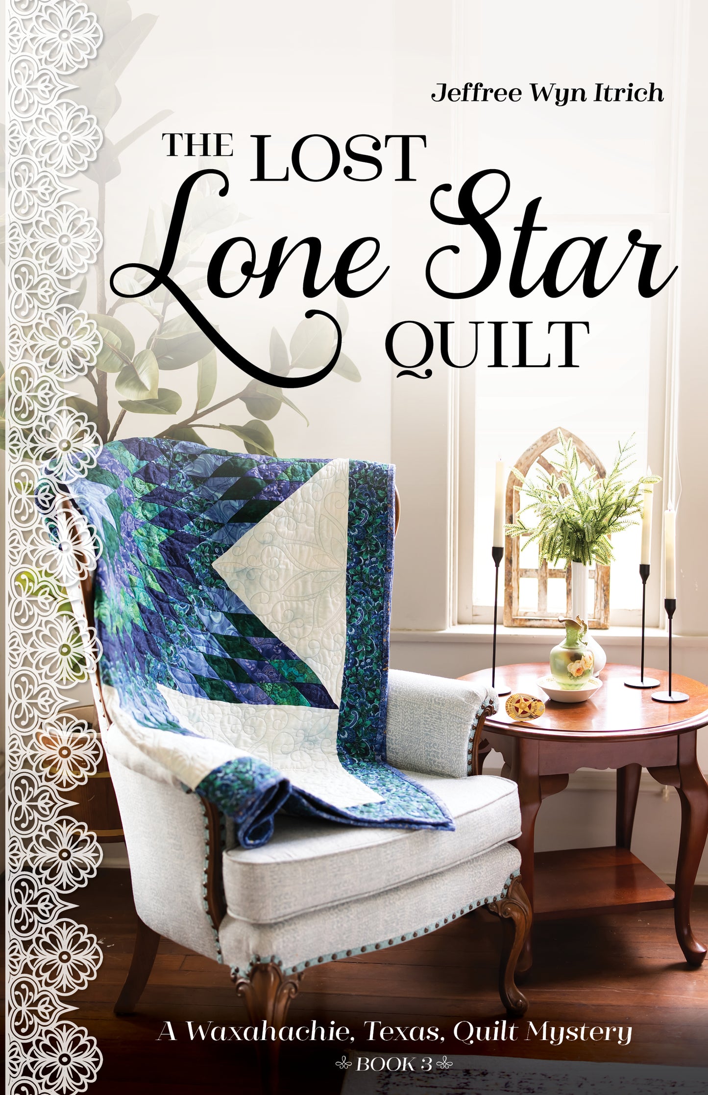 A vibrant blue and green Lone Star quilt is artfully displayed over a beige armchair next to a wooden table decorated with candles and a stained glass ornament, creating the ideal backdrop for this cozy mystery. The Lost Lone Star Quilt by C&T Publishing welcomes you into the heart of a Waxahachie Texas Quilt Mystery, where every stitch hides a secret waiting to be revealed.