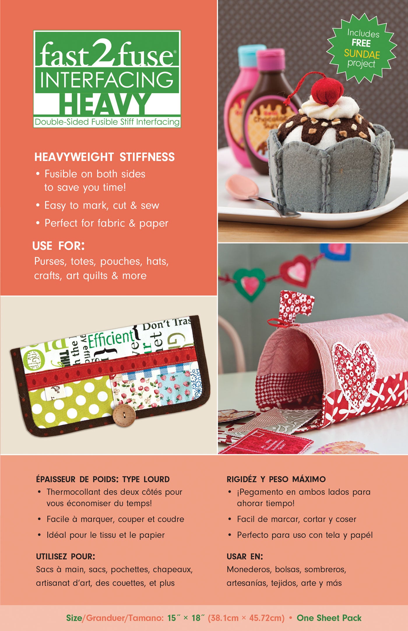 C&T Publishing’s fast2fuse double-sided fusible stiff interfacing features colorful packaging with a photo of a decorated pouch, fabric crafts, and product info in English, French, and Spanish.