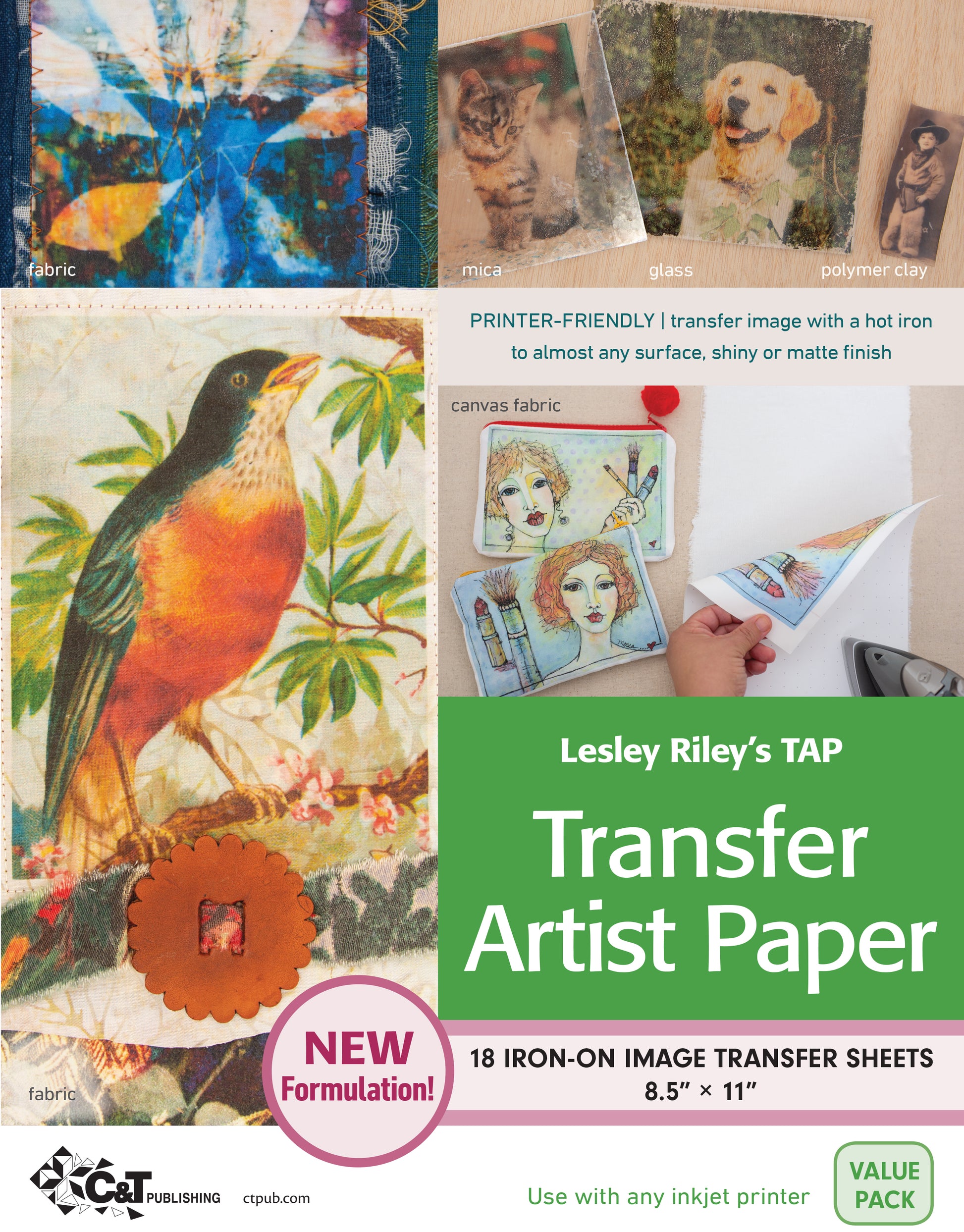 Value pack cover for TAP Transfer Artist Paper by C&T Publishing displays transfers on fabric, glass, mica & clay. Includes 18 iron-on transfer sheets, each 8.5 x 11 inches.