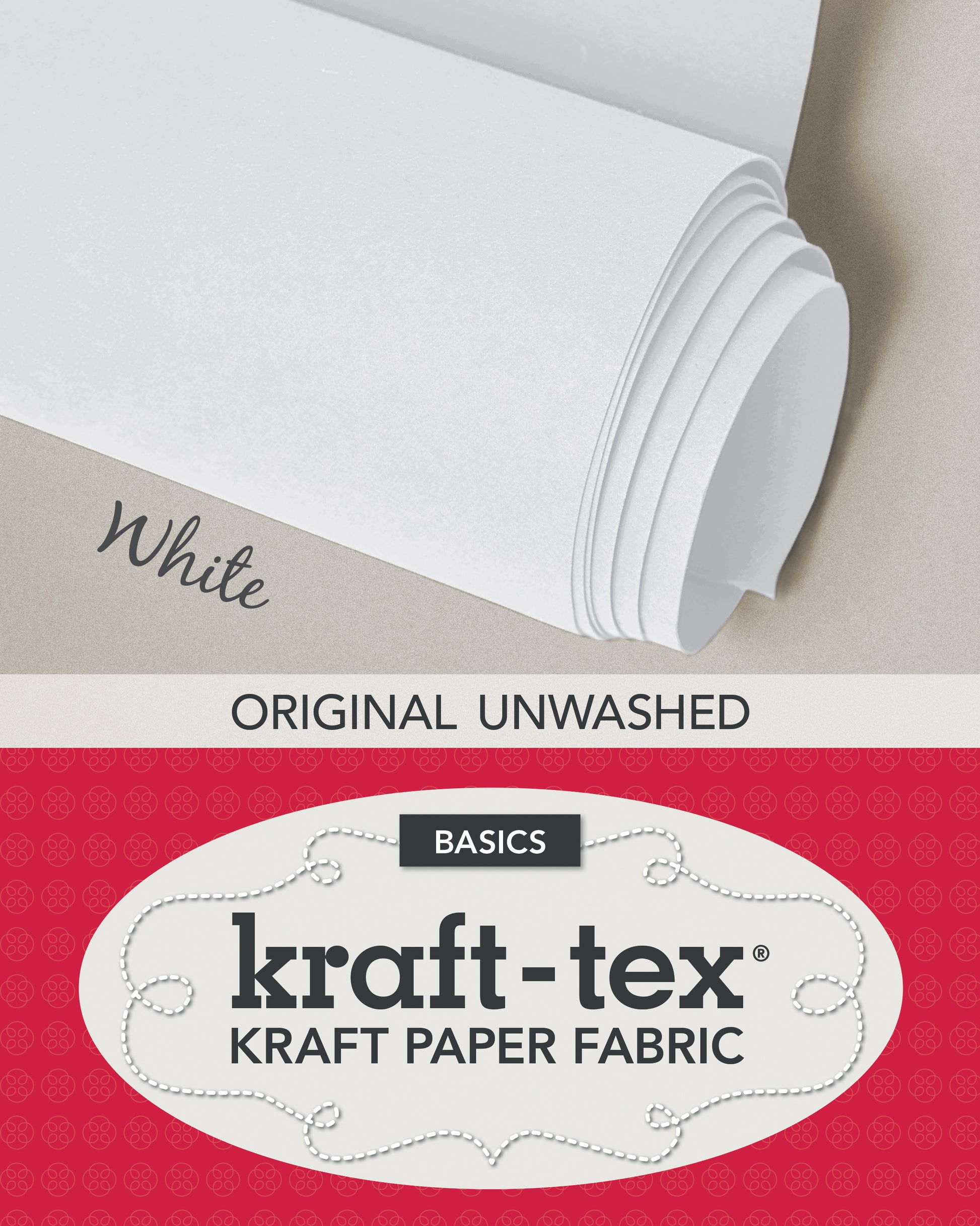 A roll of kraft-tex Original Unwashed by C&T Publishing, a durable paper fabric for craft-sewing projects, is shown above a red and white label reading BASICS kraft-tex KRAFT PAPER FABRIC.