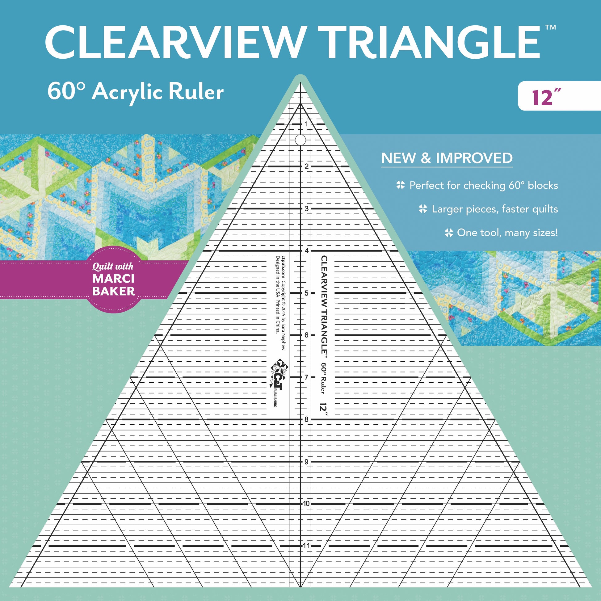 A C&T Publishing Clearview Triangle 60 Degree Acrylic Ruler (12”) is centered on a blue-green geometric background. Text highlights it as ideal for checking 60° blocks and making larger pieces for faster quilting projects.