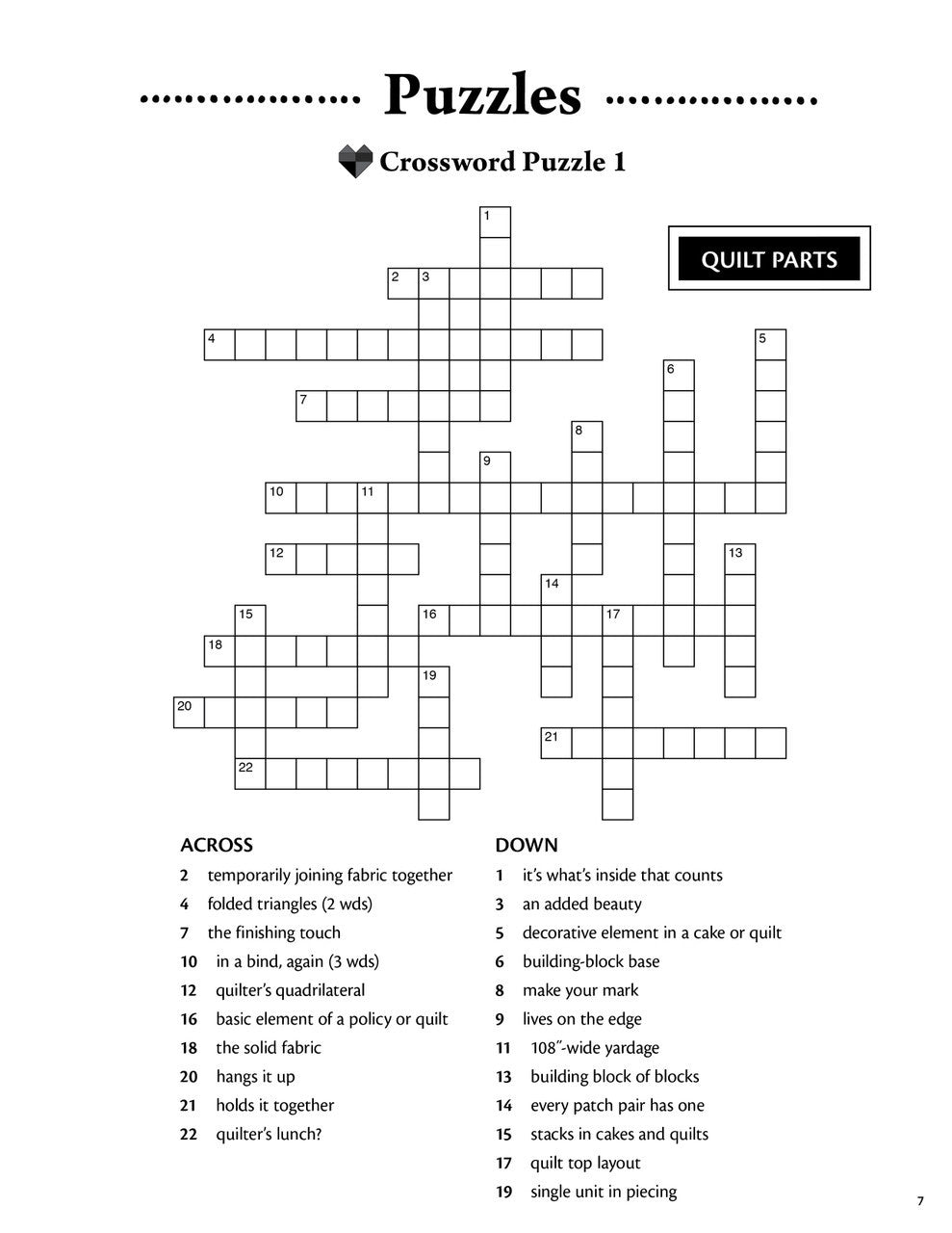 A black-and-white crossword from C&T Publishing’s Happy Quilter Variety Puzzles, Volume 2, features "QUILT PARTS" in the top right, with numbered squares and Across/Down clues—ideal for quilt-themed puzzle fans.