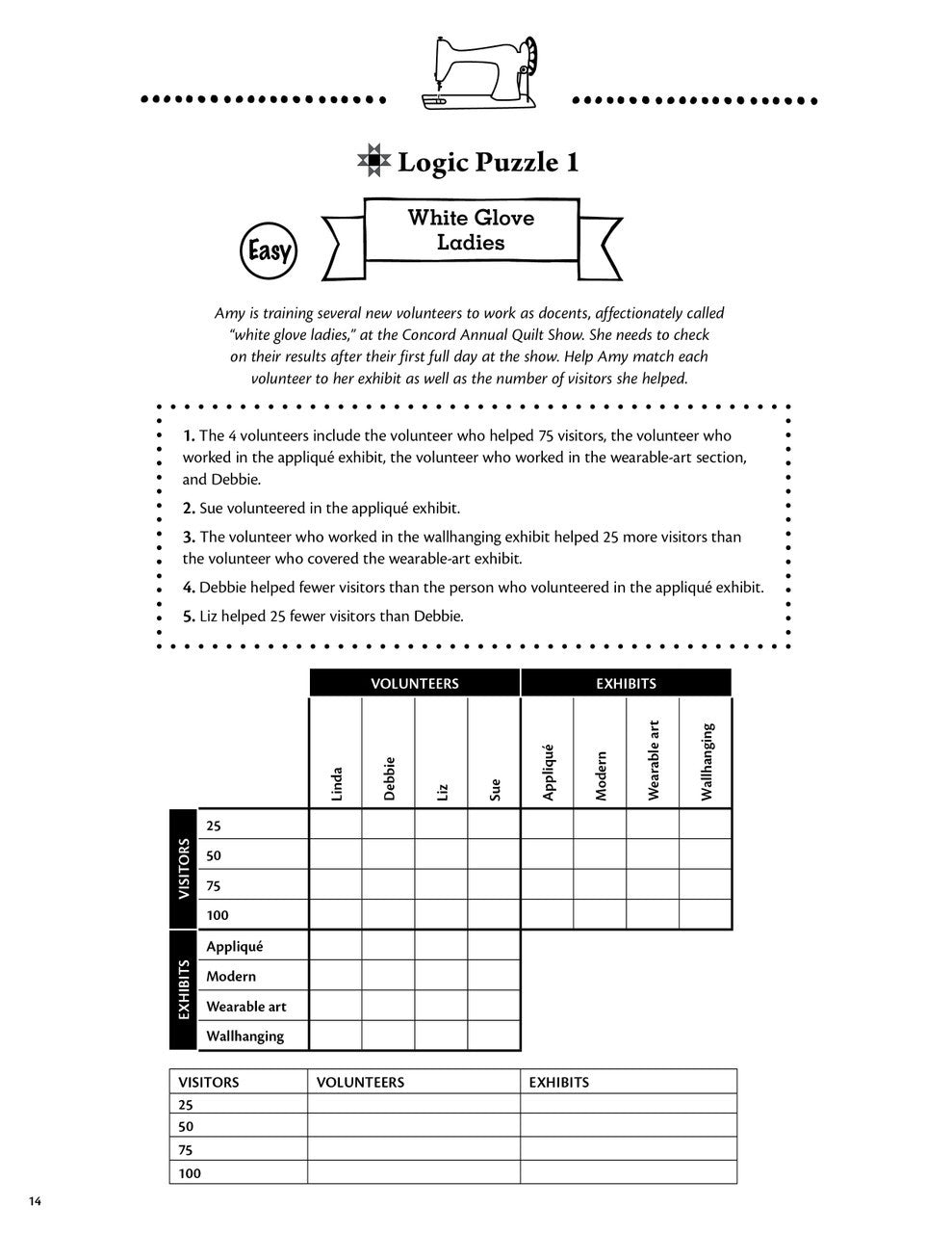 The Happy Quilter Variety Puzzles, Volume 2 by C&T Publishing features logic puzzles with grids, written clues, and sewing icons—ideal for quilter activity books or large print puzzle books.