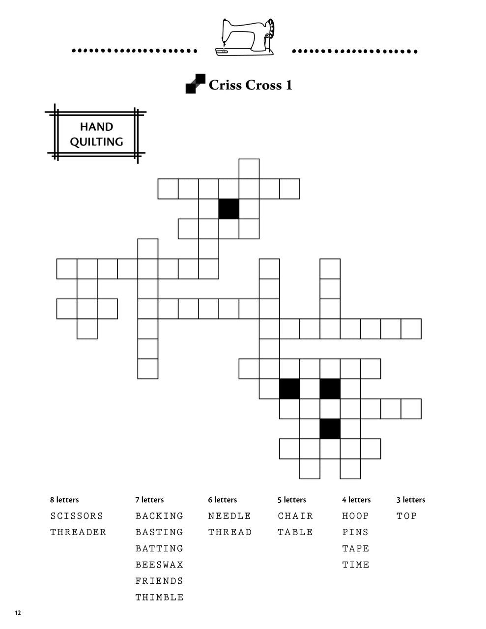 A black-and-white crossword titled Criss Cross 1 from Happy Quilter Variety Puzzles Volume 2 by C&T Publishing features quilting terms like scissors, needle, and hoop, plus a sewing machine icon—perfect for word puzzle-loving quilters.