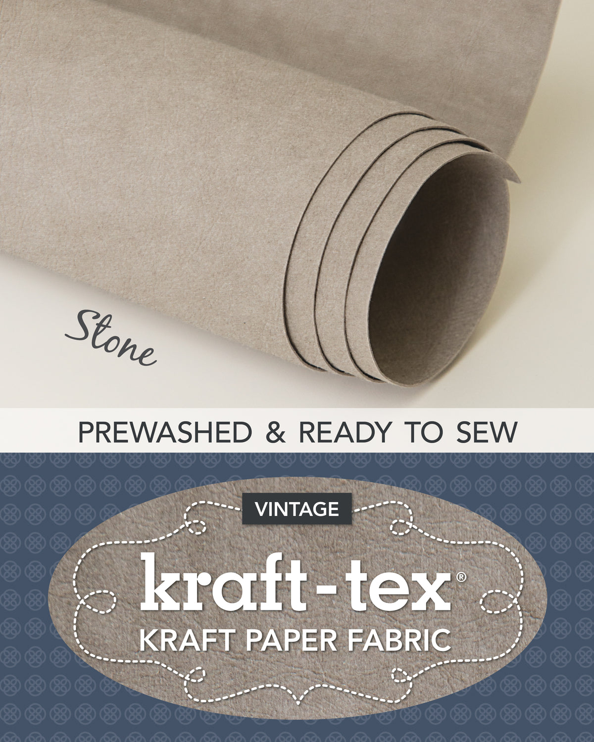 The C&T Publishing kraft-tex Roll Prewashed & Ready to Sew in Stone is a gray prewashed kraft paper fabric, perfect for craft-sewing projects. Features a decorative Vintage kraft-tex Kraft Paper Fabric logo at the bottom.