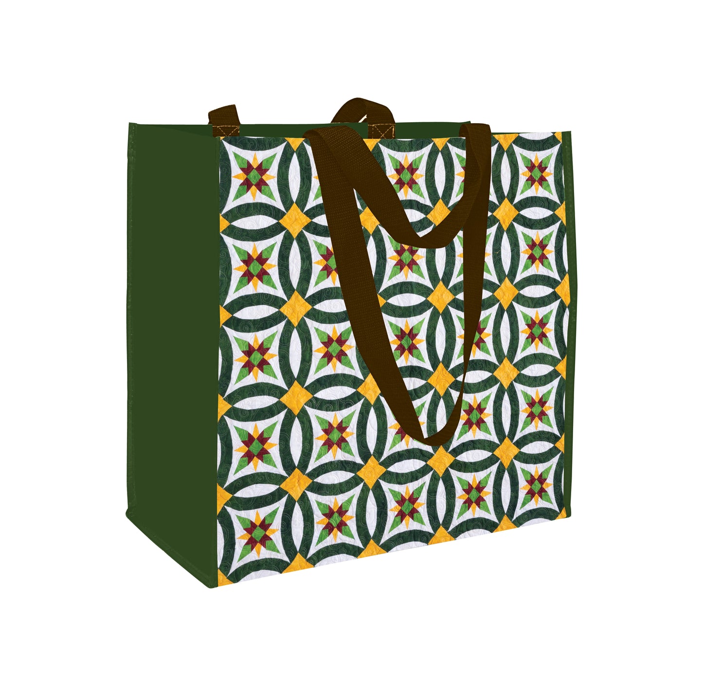The Elm Creek Quilts Christmas Eco Tote by C&T Publishing is a reusable bag with dark green sides and handles, featuring a front panel decorated with a colorful geometric and star quilt pattern in green, yellow, red, and white.