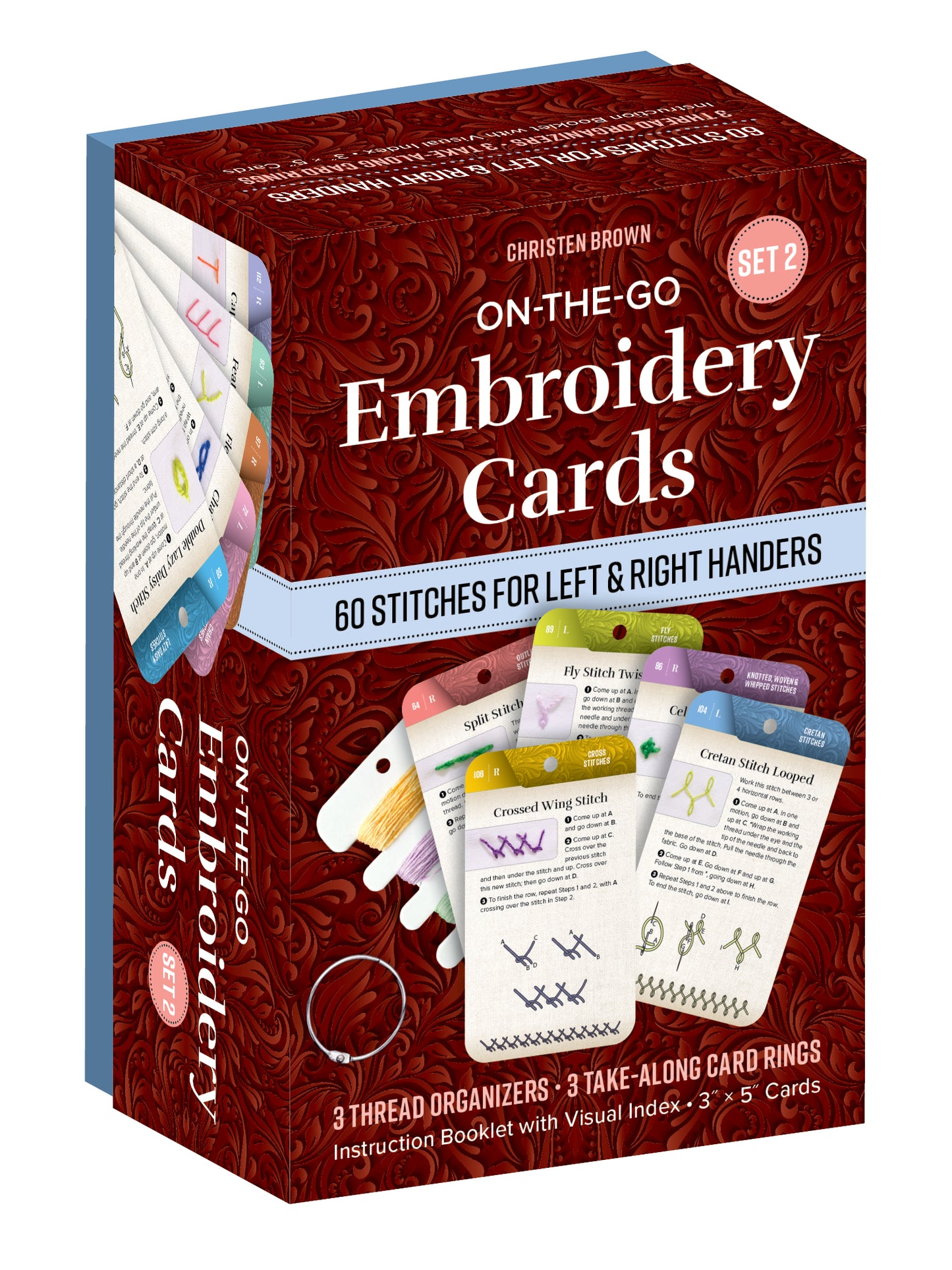 The C&T Publishing On-the-Go Embroidery Cards Set 2 includes 60 creative stitches for left- and right-handers, sample cards, 3 thread organizers, and a booklet with visual index—all in a portable embroidery set.