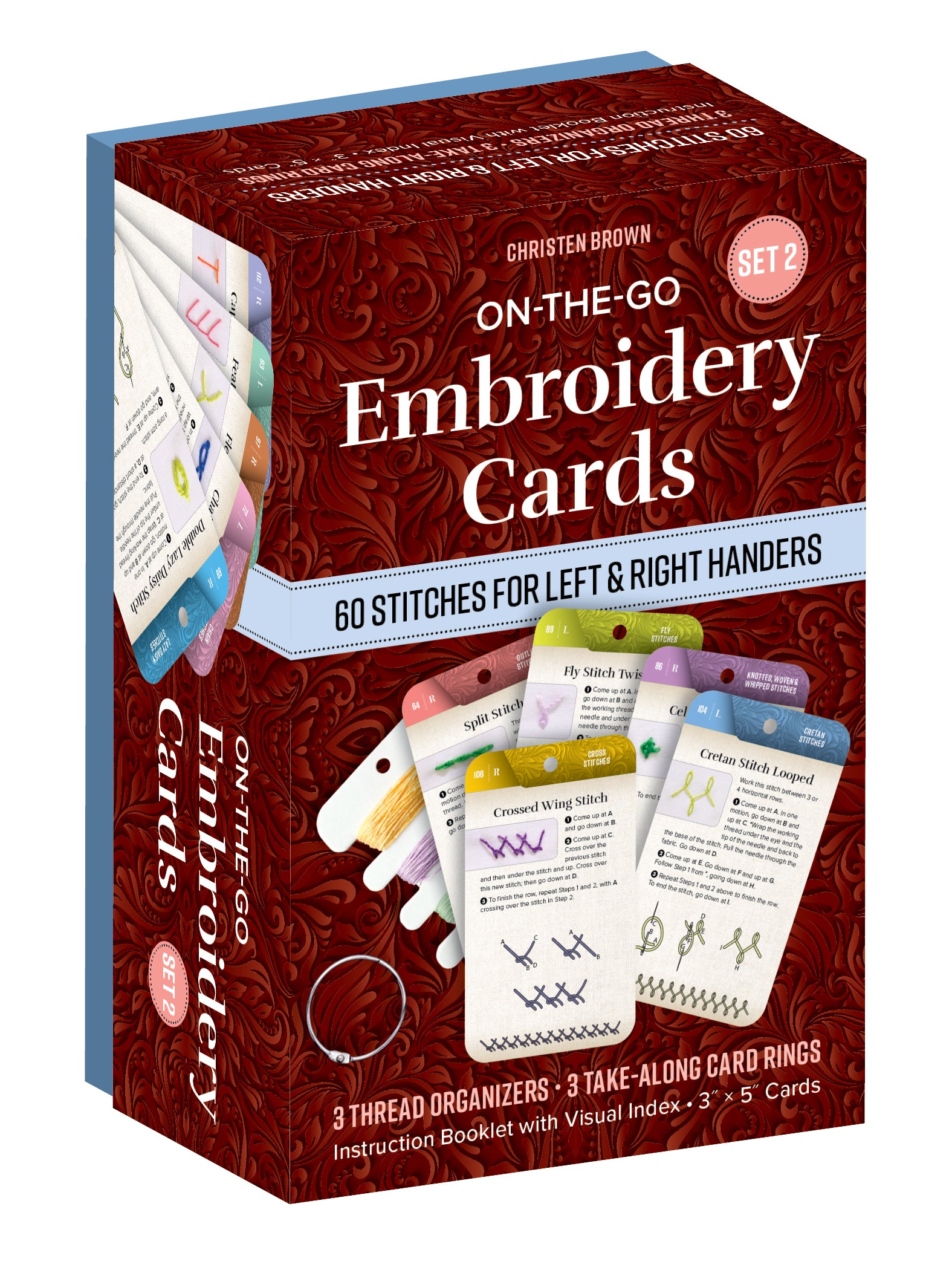 The C&T Publishing On-the-Go Embroidery Cards Set 2 includes 60 creative stitches for left- and right-handers, sample cards, 3 thread organizers, and a booklet with visual index—all in a portable embroidery set.